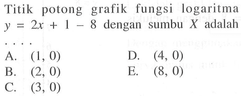 Titik potong grafik fungsi logartima y=2x+1-8 dengan sumbu X adalah ....