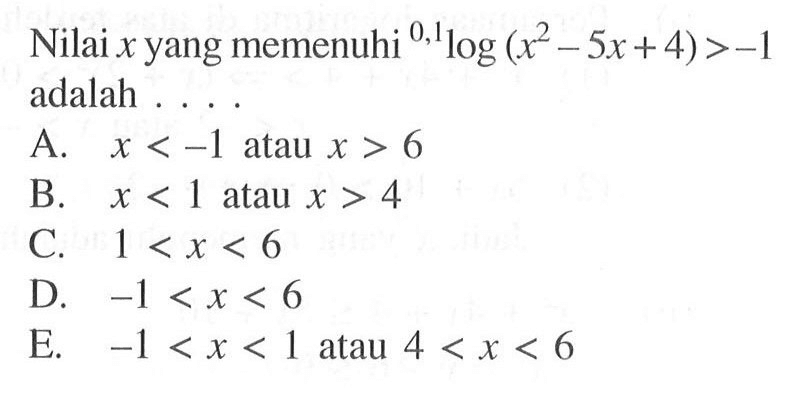 Nilai x yang memenuhi 0,1log (x^2-5x+4)>-1 adalah....