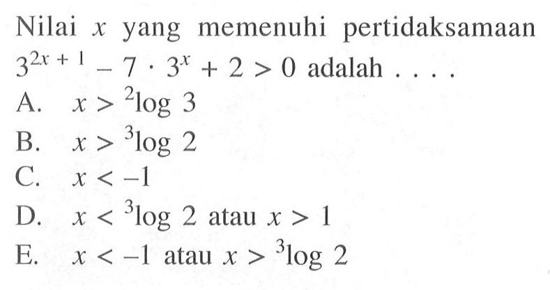 Nilai memenuhi pertidaksamaan X yang 3^(2x + 1)-7 . 3^x + 2 > 0 adalah