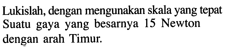 Lukislah, dengan mengunakan skala yang tepat. Suatu gaya yang besarnya 15 Newton dengan arah Timur.