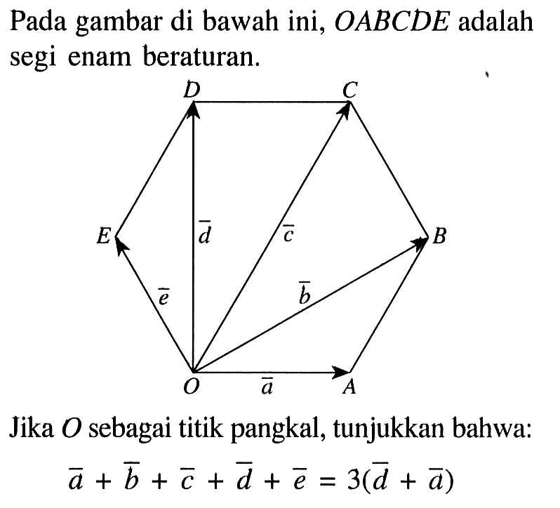 Pada gambar di bawah ini, OABCDE adalah segi enam beraturan.Jika O sebagai titik pangkal, tunjukkan bahwa:a+b+c+d+e=3(d+a)