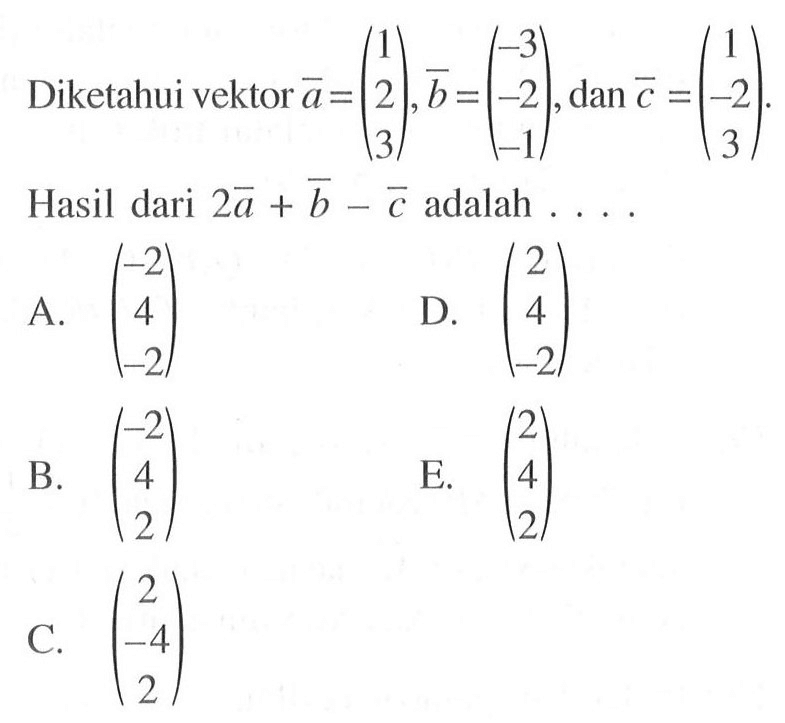 Diketahui vektor a=(1  2  3), b=(-3  -2  -1), dan c=(1 -2  3).Hasil dari  2a+b-c adalah ....