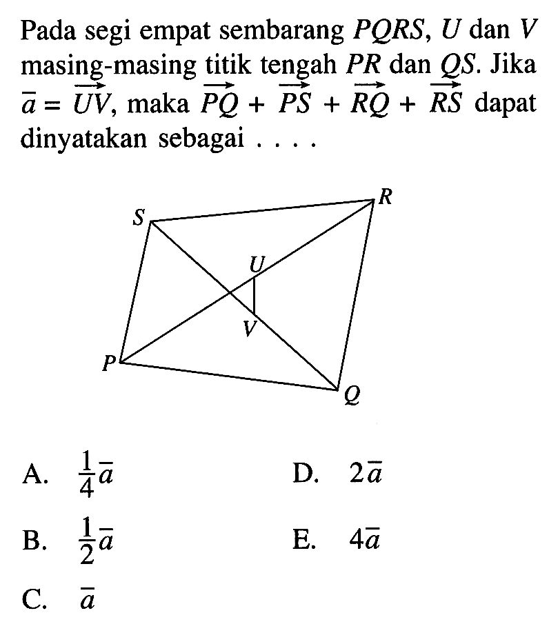 Pada segi empat sembarang PQRS, U dan V masing-masing titik tengah PR dan QS. Jika  a=UV, PQ+PS+RQ+RS dapat dinyatakan sebagai ....