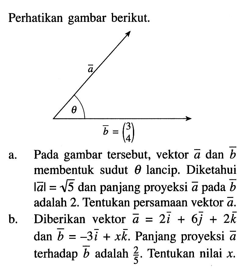 Perhatikan gambar berikut.a. Pada gambar tersebut, vektor a dan b membentuk sudut theta lancip. Diketahui |a|=akar(5) dan panjang proyeksi a pada b adalah 2. Tentukan persamaan vektor a.b. Diberikan vektor a=2i+6j+2k dan vektor b=-3i+xk. Panjang proyeksi a terhadap b adalah 2/5. Tentukan nilai x.