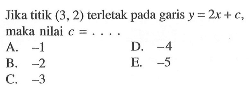 Jika titik (3, 2) terletak pada garis y = 2x + c, maka nilai c = ....