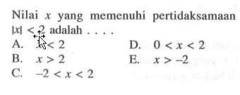 Nilai x yang memenuhi pertidaksamaan |x|<2 adalah ...