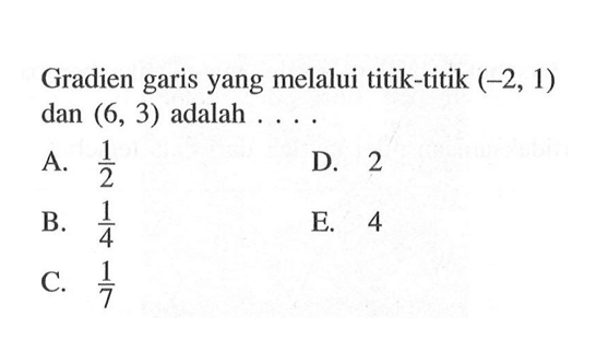 Gradien garis yang melalui titik-titik (-2, 1) dan (6, 3) adalah ..... A. 1/2 B. 1/4 C. 1/7 D. 2 E. 4