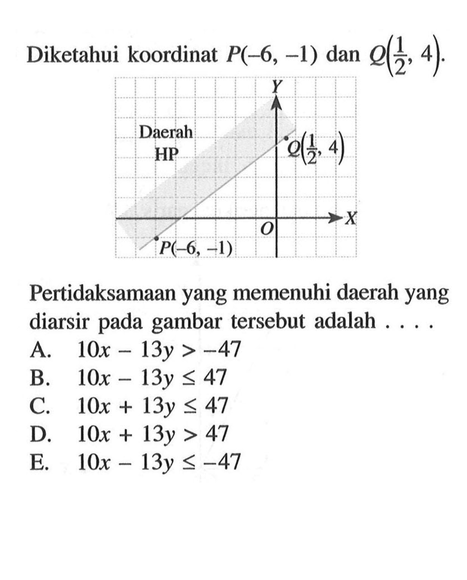 Diketahui koordinat titik P(-6,-1) dan Q(1/2,4). Pertidaksamaan yang memenuhi daerah yang diarsir pada gambar tersebut adalah ....