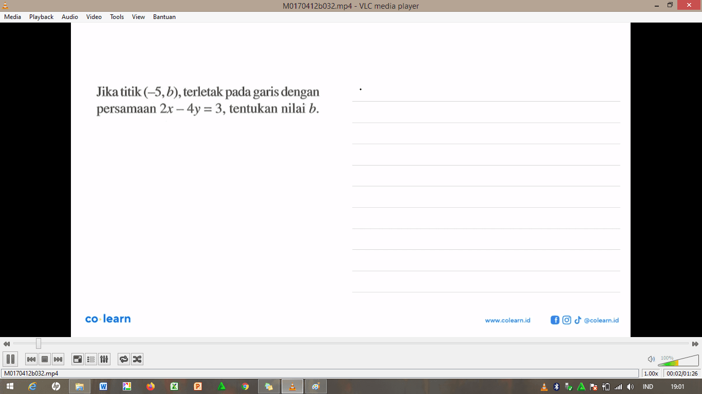 Jika titik (-5,b), terletak pada garis dengan persamaan 2x - 4y = 3,tentukan nilai b.