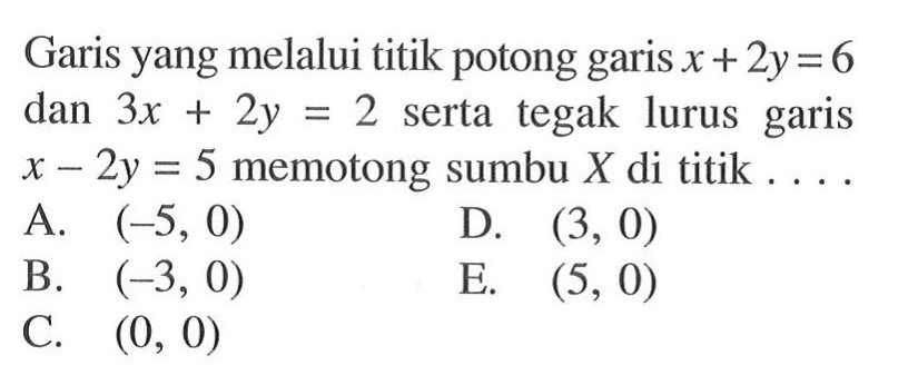 Garis yang melalui titik potong garis x + 2y = 6 dan 3x + 2y = 2 serta tegak lurus garis x - 2y = 5 memotong sumbu X di titik ....