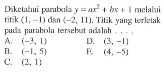 Diketahui parabola y=ax^2+bx+1 melalui titik (1,-1) dan (-2,11). Titik yang terletak pada parabola tersebut adalah .... 