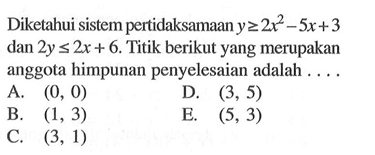 Diketahui sistem pertidaksamaan y >= 2x^2 - 5x + 3 dan 2y <= 2x + 6. Titik berikut yang merupakan anggota himpunan penyelesaian adalah....