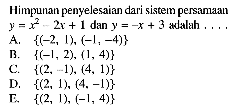 Himpunan penyelesaian dari sistem persamaan y=x^2-2x+1 dan y=-x+3 adalah ....