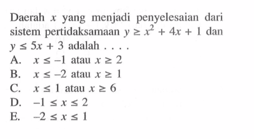 Daerah x yang menjadi penyelesaian dari sistem pertidaksamaan y>=x^2+4x+4 dan y<=5x+3 adalah ....