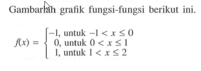 Gambarahat grafik fungsi-fungsi berikut ini.f(x)={-1, untuk -1<x<=0 0, untuk 0<x =1 1, untuk 1<x<=2.