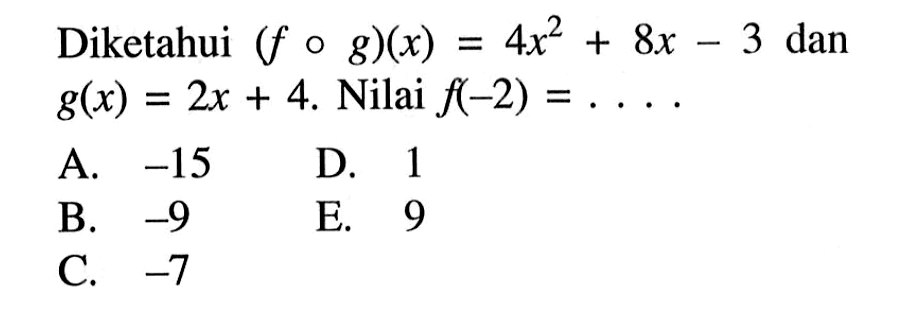 Diketahui (fog)(x)=4x^2+8x-3 dan g(x)=2x+4. Nilai f(-2)=...