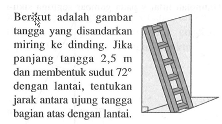 Berikut adalah gambar tangga yang disandarkan miring ke dinding. Jika panjang tangga 2,5 m dan membentuk sudut 72  dengan lantai, tentukan jarak antara ujung tangga bagian atas dengan lantai.