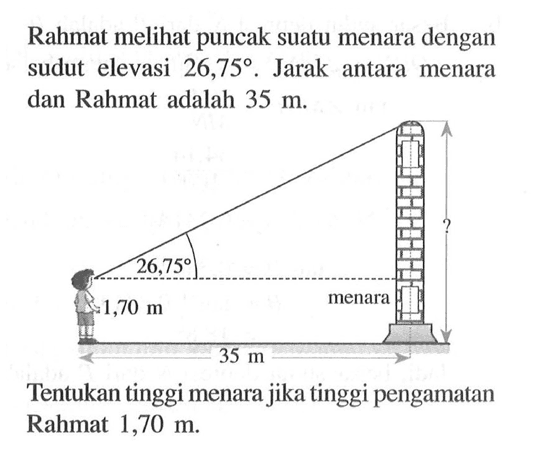 Rahmat melihat puncak suatu menara dengan sudut elevasi 26,75. Jarak antara menara dan Rahmat adalah 35 m.Tentukan tinggi menara jika tinggi pengamatan Rahmat 1,70 m.