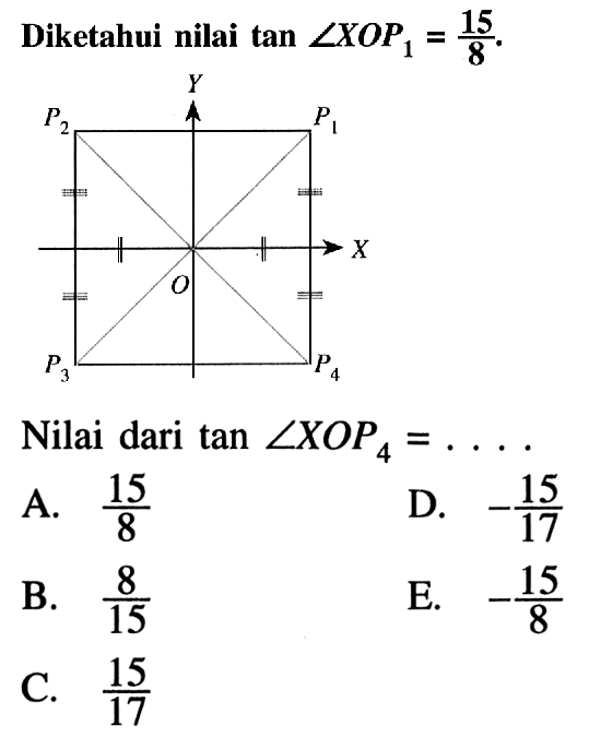 Diketahui nilai tan sudut XOP1=15/8.Nilai dari  tan sudut XOP4=.... A.  15/8 D.  -15/17 B.  8/15 E.  -15/8 C.  15/17 