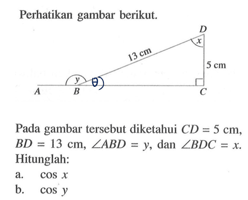 Perhatikan gambar berikut. Pada gambar tersebut diketahui CD = 5 cm, BD =13 cm, sudut ABD = Y, dan sudut BDC = x Hitunglah: a. cos X b: cos y