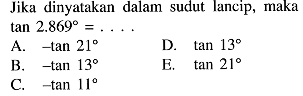 Jika dinyatakan dalam sudut lancip, maka tan 2.869=.... 