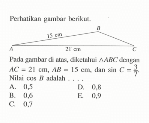 Perhatikan gambar berikut. 15 cm 21 cm Pada gambar di atas, diketahui segitiga ABC dengan AC=21 cm, AB=15 cm, dan sin C=3/7. Nilai cos B adalah ...