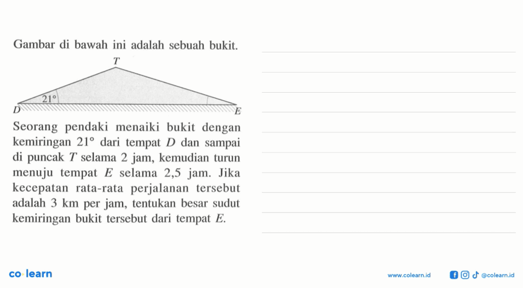 Gambar di bawah ini adalah sebuah bukit. T D 21 E Seorang pendaki menaiki bukit dengan kemiringan 21 dari tempat  D dan sampai di puncak T selama 2 jam, kemudian turun menuju tempat E selama 2,5 jam. Jika kecepatan rata-rata perjalanan tersebut adalah 3 km per jam, tentukan besar sudut kemiringan bukit tersebut dari tempat  E.