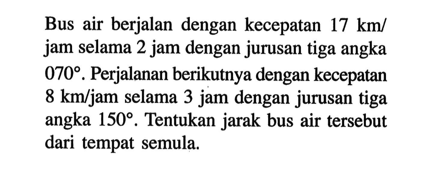 Bus air berjalan dengan kecepatan 17 km/jam selama 2 jam dengan jurusan tiga angka 070. Perjalanan berikutnya dengan kecepatan 8 km/jam selama 3 jam dengan jurusan tiga angka 150. Tentukan jarak bus air tersebut dari tempat semula.