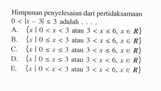 Himpunan penyelesaian dari pertidaksamaan 0<|x-3|<=3 adalah . . . .