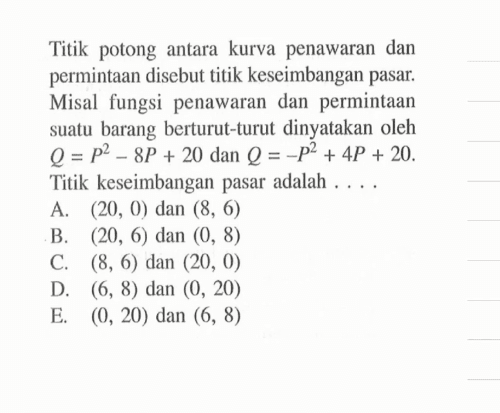 Titik potong antara kurva penawaran dan permintaan disebut titik keseimbangan pasar. Misal fungsi penawaran dan permintaan suatu barang berturut-turut dinyatakan oleh Q=P^2-8P+20 dan Q=-P^2+4P+20. Titik keseimbangan pasar adalah . . . .