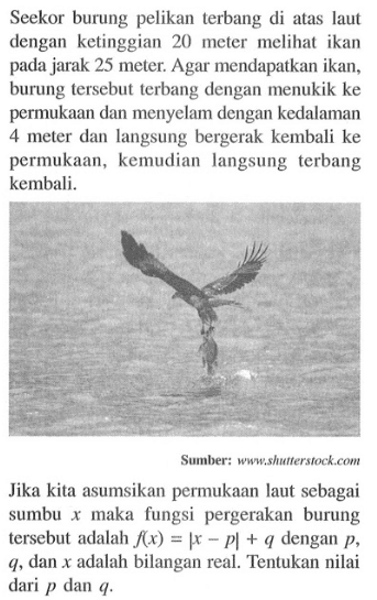 Seekor burung pelikan terbang di atas laut dengan ketinggian 20 meter melihat ikan pada jarak 25 meter. Agar mendapatkan ikan, burung tersebut terbang dengan menukik ke permukaan dan menyelam dengan kedalaman 4 meter dan langsung bergerak kembali ke permukaan, kemudian langsung terbang kembali.Sumber: www.shutterstock.comJika kita asumsikan permukaan laut sebagai sumbu  x  maka fungsi pergerakan burung tersebut adalah  f(x)=|x-p|+q  dengan  p ,  q , dan  x  adalah bilangan real. Tentukan nilai dari  p  dan  q .