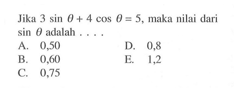 Jika 3 sin theta + 4 cos theta = 5, maka nilai dari sin theta  adalah 