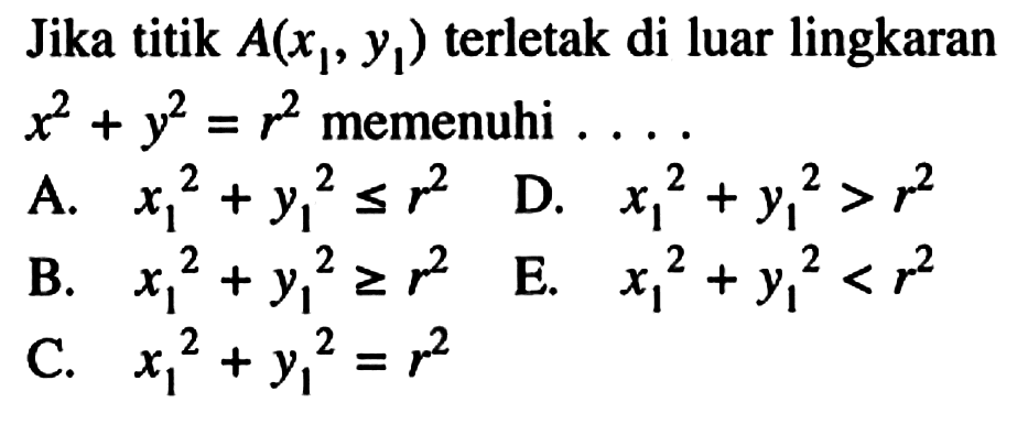 Jika titik  A(x1, y1) terletak di luar lingkaran x^2+y^2=r^2 memenuhi ...