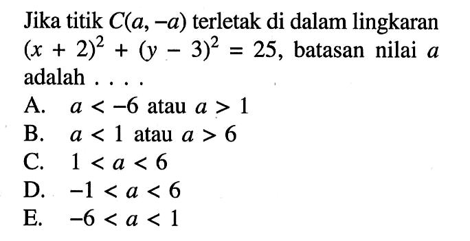 Jika titik C(a,-a) terletak di dalam lingkaran (x+2)^2+(y-3)^2=25, batasan nilai a adalah ...