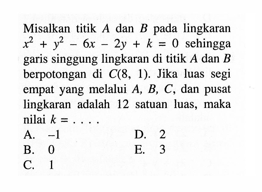 Misalkan titik A dan B pada lingkaran x^2+y^2-6x-2y+k=0 sehingga garis singgung lingkaran di titik A dan B berpotongan di C(8,1). Jika luas segi empat yang melalui A, B, C, dan pusat lingkaran adalah 12 satuan luas, maka nilai  k=.... .
