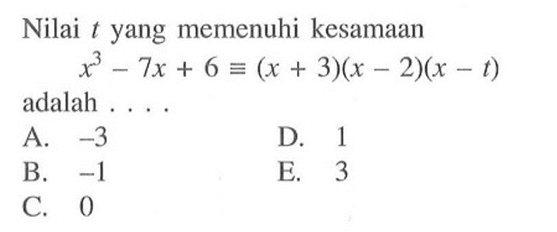 Nilai t yang memenuhi kesamaan x^3-7x+6=(x+3)(x-2)(x-t) adalah . . . .