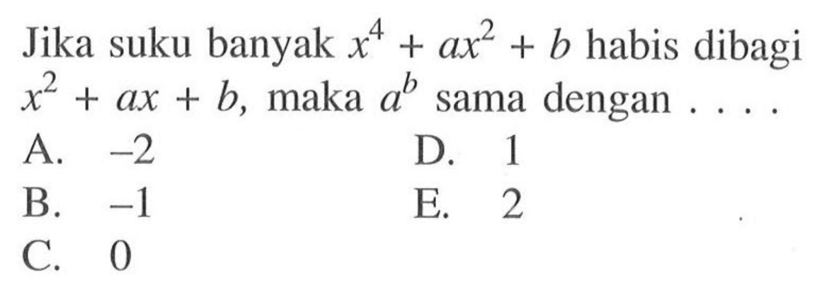 Jika suku banyak x^4+ax^2+b habis dibagi x^2+ax+b, maka a^b sama dengan . . . .