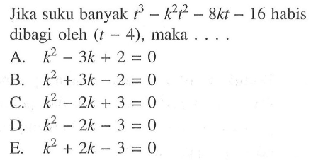 Jika suku banyak t^3-k^2 t^2-8kt-16 habis dibagi oleh (t-4), maka ....