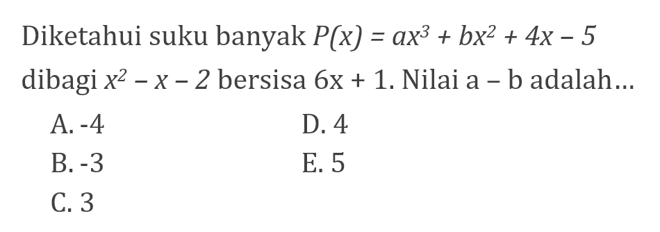 Diketahui suku banyak P(x) = ax^3 + bx^2 + 4x - 5 dibagi x^2 -X - 2 bersisa 6x + 1. Nilai A- B adalah