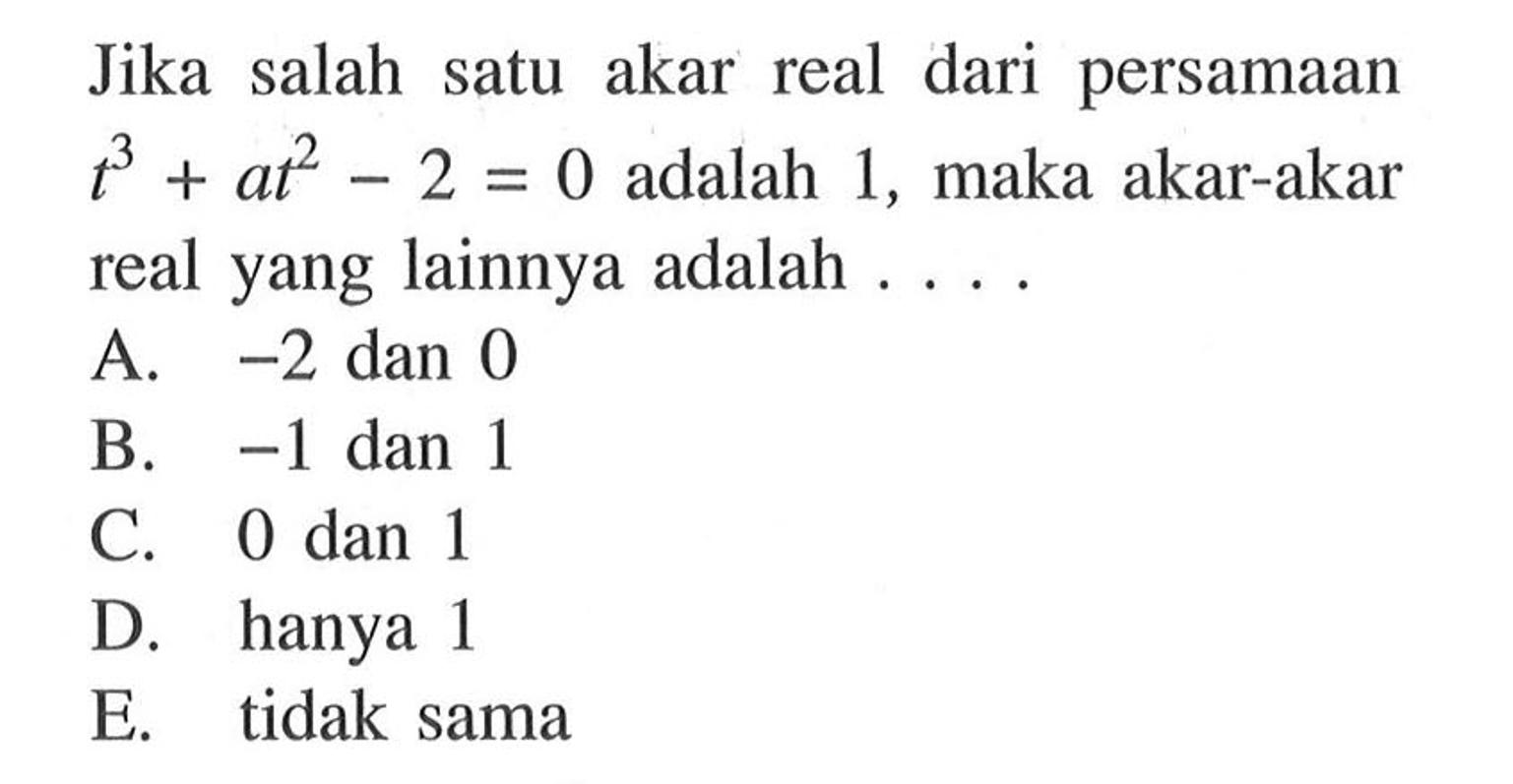 Jika salah satu akar real dari persamaan t^3+at^2-2=0 adalah 1, maka akar-akar real yang lainnya adalah ....