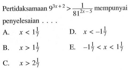 Pertidaksamaan 9^(3x+2) > 1/(81^(2x-5)) mempunyai penyelesaian....