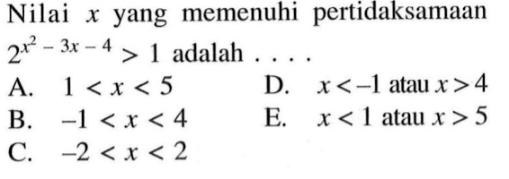 Nilai x yang memenuhi pertidaksamaan 2^(X^2-3x- 4) > 1 adalah