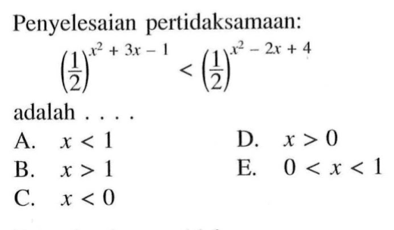 Penyelesaian pertidaksamaan: (1/2)^(x^2+3x-1) < (1/2)^(x^2-2x+4)