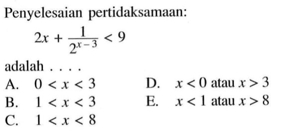 Penyelesaian pertidaksamaan: 2x + 1/(2^(x-3)<9 adalah