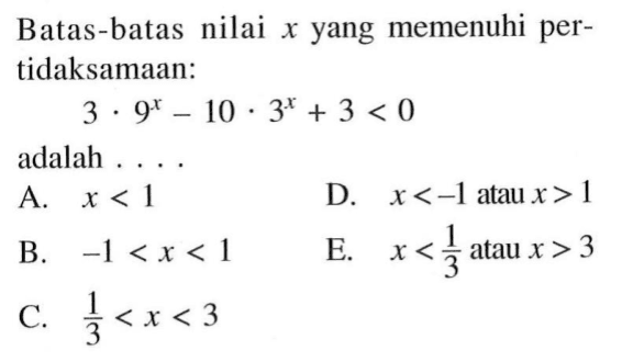 Batas-batas nilai x yang memenuhi per-tidaksamaan: 3.9^x-10.3^x+3<0 adalah....