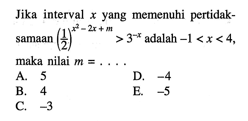 Jika interval x yang memenuhi pertidak- samaan (1/2)^(x^2-2x+m)>3^(-x) adalah -1<x<4, maka nilai m=. . . .