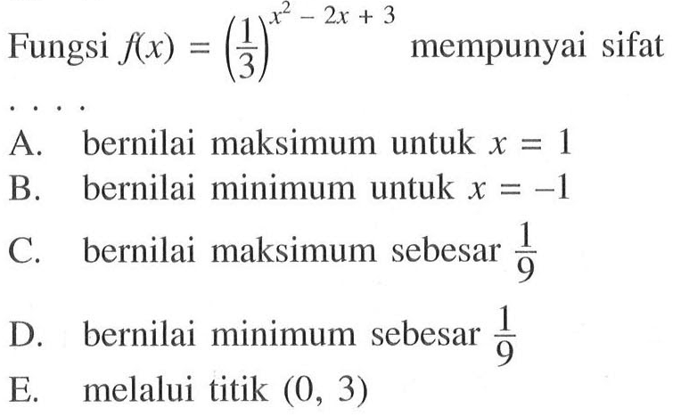 Fungsi f(x)=(1/3)^(x^2-2x+3) mempunyai sifat ....