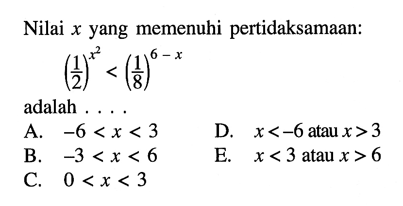 Nilai x yang memenuhi pertidaksamaan: (1/2)^(x^2)<(1/8)^(6-x) adalah ...