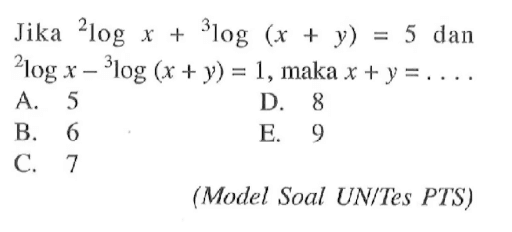 Jika 2logx+3log(x+y)=5 dan 2logx-3log(x+y)=1, maka x+y=... (Model Soal UN/Tes PTS)