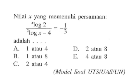 Nilai x yang memenuhi persamaan: (xlog2)/(2logx-4)=-1/3 adalah . . . .